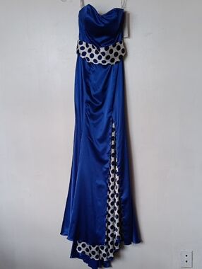 Vintage Strapless Royal Blue Maxi Dress with Polka Dot Trim